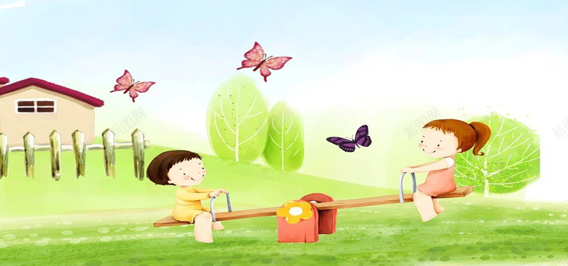 手绘水彩画背景图jpg设计背景_新图网 https://ixintu.com 水彩画 跷跷板 手绘 栅栏 蝴蝶 绿草地 小女孩 小屋 绿树 海报banner 卡通 童趣