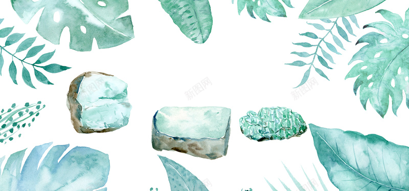 绿色绿植手绘背景psd设计背景_新图网 https://ixintu.com 绿色 绿植 手绘 叶子 石头 文艺 水彩 小清新 海报banner 简约