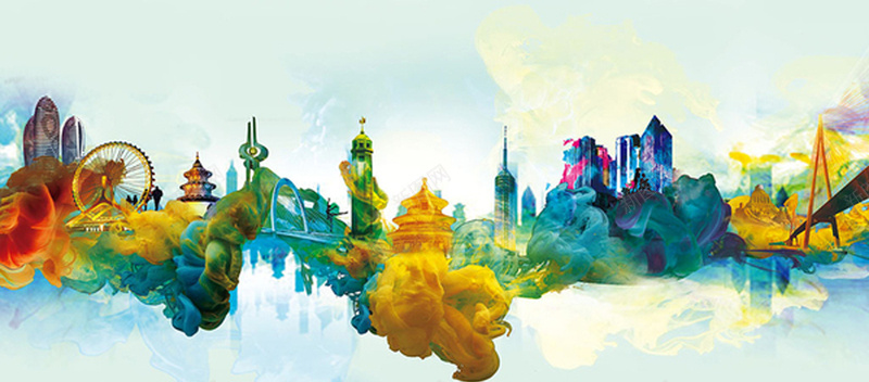 节日背景jpg设计背景_新图网 https://ixintu.com 彩色底纹 手绘建筑 梦幻 泼墨 涂鸦 彩带 海报banner 浪漫