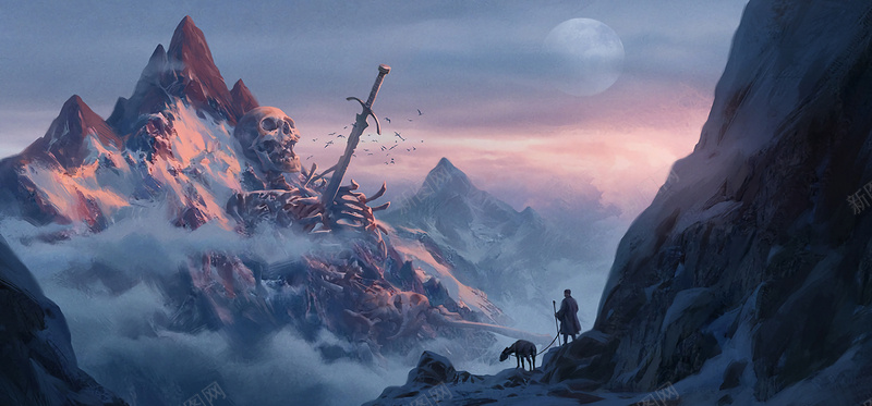 科幻远山骷颅背景jpg设计背景_新图网 https://ixintu.com 侠士 科幻 蓝色 远山 骷颅 利剑 海报banner 科技 商务