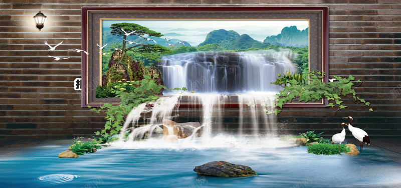 瀑布风景画jpg设计背景_新图网 https://ixintu.com 墙砖 风景画 松树 瀑布 石头 绿叶 植物 仙鹤 溪流 海报banner 摄影 风景
