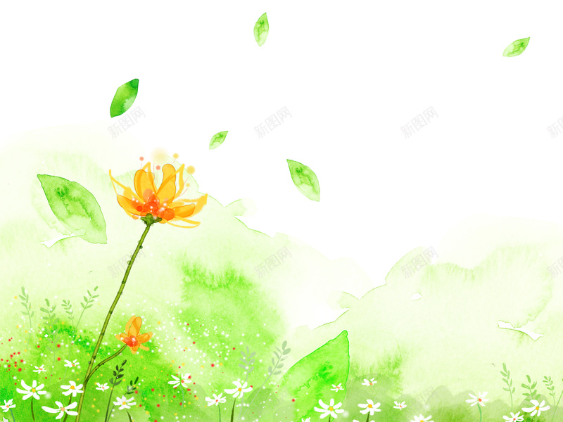 绿色清新手绘背景psd设计背景_新图网 https://ixintu.com 手绘 水彩 清新 绿色 花朵 树叶 叶子 漂浮 白色 卡通 童趣