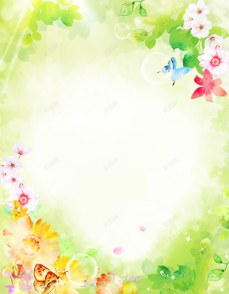 绿色清新手绘背景psd设计背景_新图网 https://ixintu.com 手绘 清新 绿色 花朵 花草 水彩 蝴蝶 泡泡 卡通 童趣