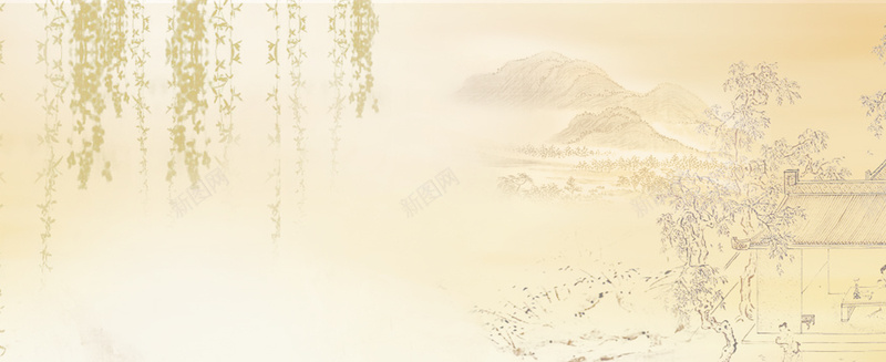 复古背景jpg设计背景_新图网 https://ixintu.com 古典 线稿 树叶 墨迹 山水 中国风 海报banner