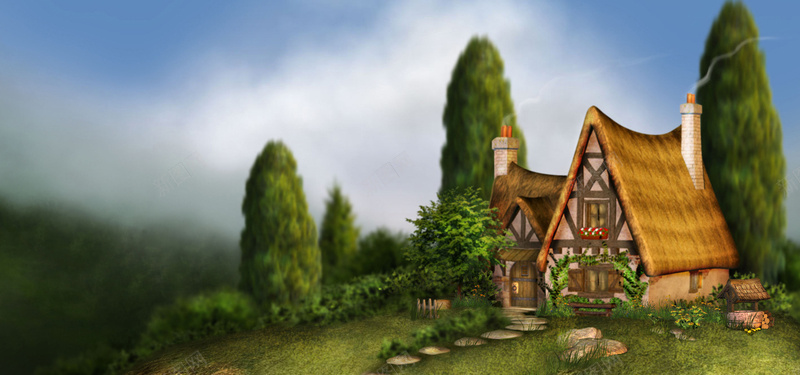 手绘草屋油彩画背景jpg设计背景_新图网 https://ixintu.com 水彩画背景 油彩画背景 手绘背景 树林背景 模糊背景 草屋背景 树木背景 海报背景 海报banner 卡通 童趣 手绘
