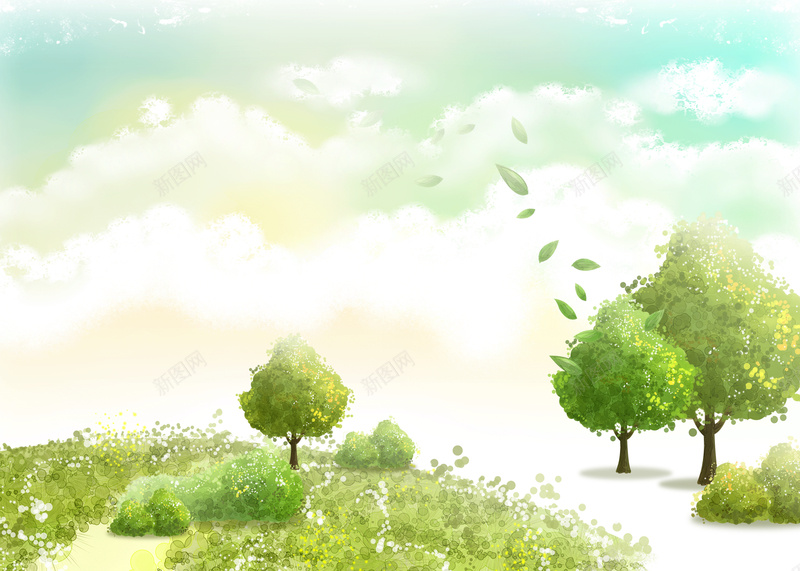 小清新卡通背景素材psd设计背景_新图网 https://ixintu.com 卡通 大树 手绘 草地 蓝天 白云 绿叶 背景 素材 开心