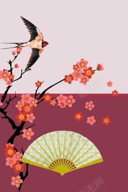 和风日本手绘扇子燕子红色激情喜庆广告背景背景