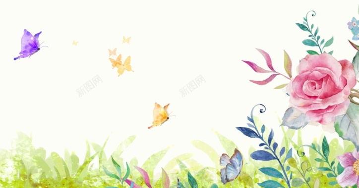 清新水彩手绘花草春季海报背景模板背景