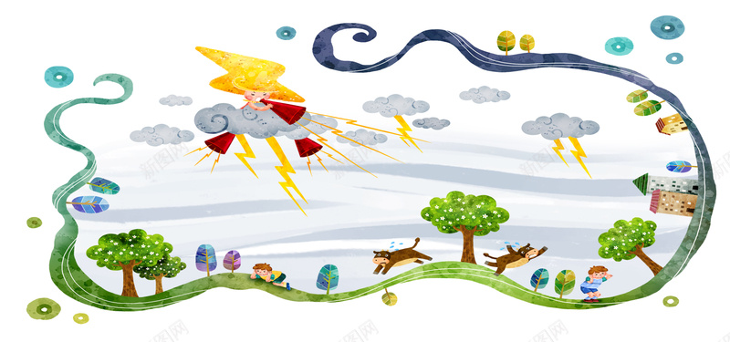 手绘水彩插画海报背景psd设计背景_新图网 https://ixintu.com 手绘画 水彩画 乌云 插画 树木 动物 绿草坪 海报banner 卡通 童趣 手绘