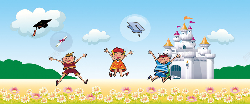 幼儿园毕业季卡通海报背景psd设计背景_新图网 https://ixintu.com 幼儿园 毕业季 卡通 海报背景 向日葵 博士帽 跳跃 白色云朵 开心
