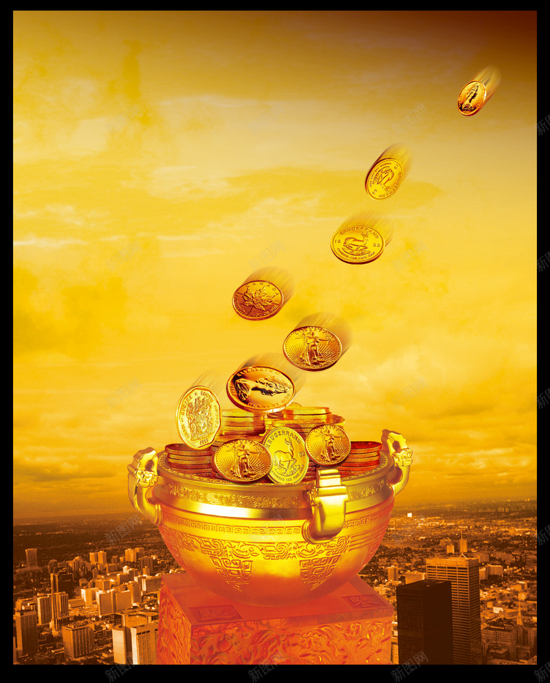 大气奢华金币聚宝盆黑色背景素材psd设计背景_新图网 https://ixintu.com 云朵 大气 天空 奢华 海报背景 聚宝盆 聚宝盆图 都市 金币 高楼大厦 黑色背景