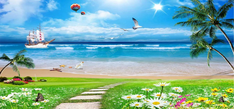 海景图jpg设计背景_新图网 https://ixintu.com 蓝天 白云 天空 热气球 海鸥 帆船 海滩 海星 漂流瓶 花草 中路 椰树 蝴蝶 海报banner 摄影 风景