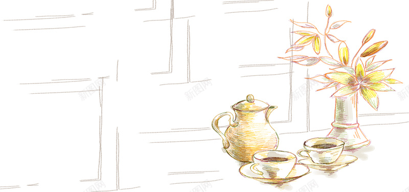 简约手绘手彩画背景psd设计背景_新图网 https://ixintu.com 手绘花 水彩画 插画 简约 花瓶 水壶 杯子 海报banner 卡通 童趣 手绘