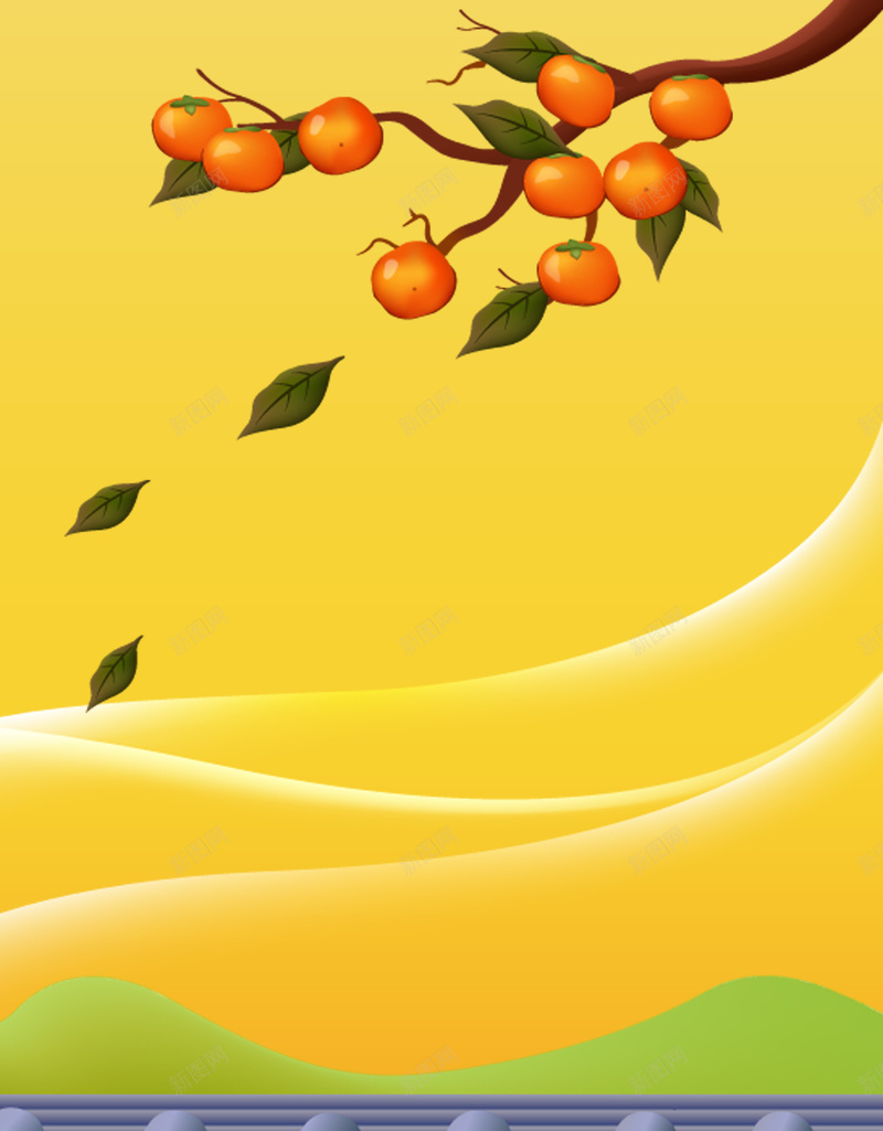 卡通红色柿子背景psd设计背景_新图网 https://ixintu.com 卡通 果树 柿子 树叶 红色 墙面 黄色 童趣 手绘