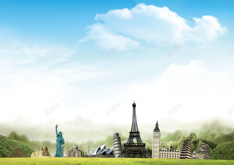 旅行宣传环球旅行海报背景素材psd设计背景_新图网 https://ixintu.com 世界著名建筑 埃菲尔铁塔 环球旅行 自由女神 旅行 旅游海报 矢量文件 背景素材