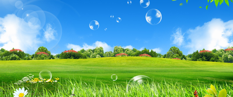 绿色郊外生态风光背景jpg设计背景_新图网 https://ixintu.com 草地 蓝天 泡泡 草木 海报banner