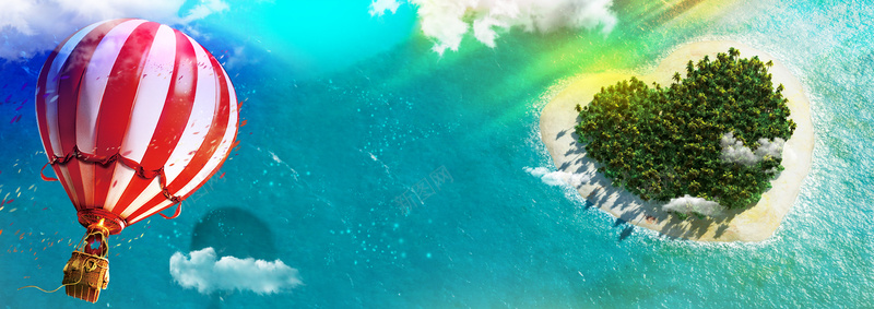 浪漫海岛banner背景psd设计背景_新图网 https://ixintu.com 蓝色海水 热气球 浪漫 海岛 爱心 banner背景 海报banner 梦幻