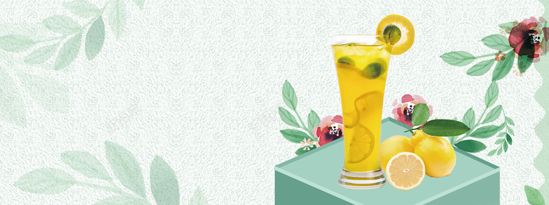 夏日酷饮柠檬汁简约手绘树叶绿色背景背景