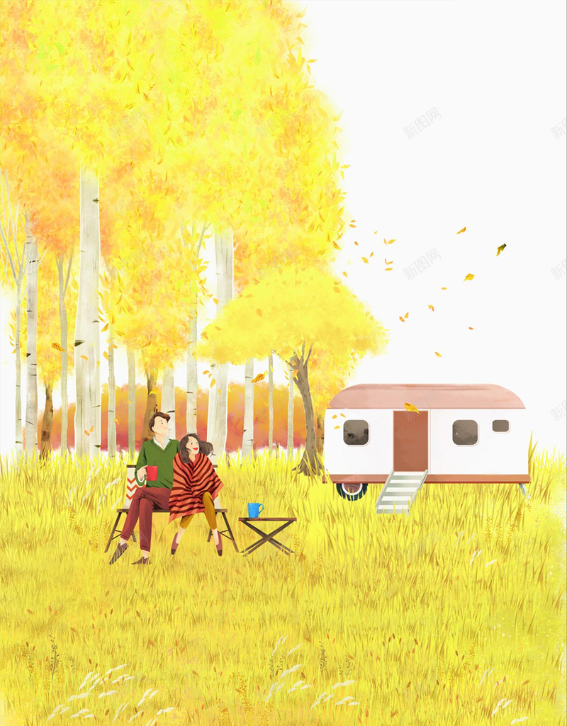 秋天浪漫情侣背景素材jpg设计背景_新图网 https://ixintu.com 仰视 夫妇 椅子 浪漫 坐 露营 秋天 地点 落叶 背景 海报 手绘 黄色