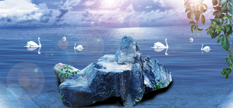 淘宝蓝色意境天鹅石头海报背景psd设计背景_新图网 https://ixintu.com 唯美 意境 石头 背景 蓝色 绿叶 天空 水面 梦幻 浪漫
