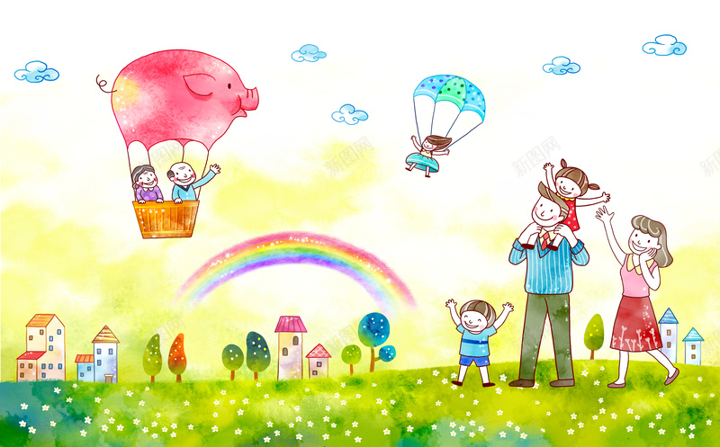 儿童节卡通海报设计psd设计背景_新图网 https://ixintu.com 儿童节 卡通画 手绘 节日海报设计 热气球 三口之家 草地 卡通 童趣