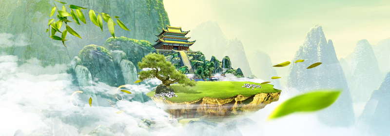 茶叶卡通淘宝海报背景psd设计背景_新图网 https://ixintu.com 茶叶 卡通 山 房屋 绿色 飘零的叶子 植物 淘宝海报背景 开心
