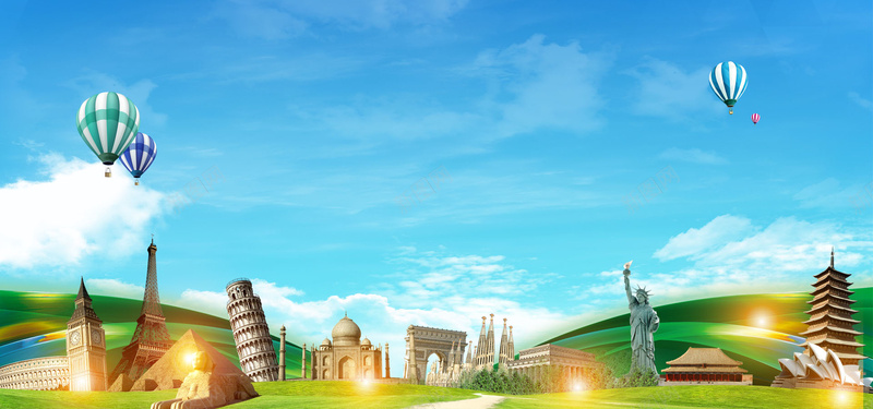 旅行社小清新简约蓝色海报banner背景psd设计背景_新图网 https://ixintu.com 旅游 旅行 旅行社海报 小清新 简约 开班路线 热气球 景点 草地 蓝天白云 出国 浪漫