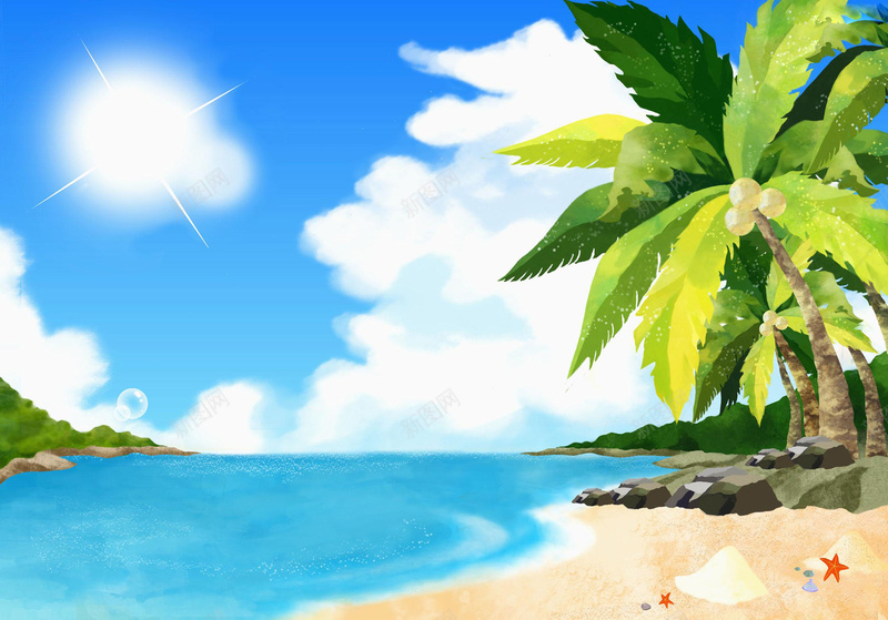 手绘夏日海滩风景旅游平面广告jpg设计背景_新图网 https://ixintu.com 手绘背景 夏日 旅游 海滩 风景 平面广告 椰树 插画 水彩画 绘画美术 蓝天白云 大海