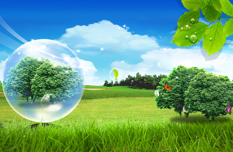绿色环保自然背景图psd设计背景_新图网 https://ixintu.com 大气 植物 清新 简洁 绿色 大树 草地 水泡 阳光 蓝天白云 公益事业 环保