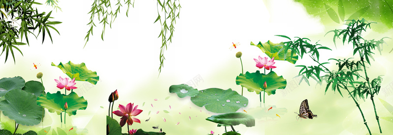 中国风荷塘BANNER背景图jpg设计背景_新图网 https://ixintu.com 中国风 荷塘 背景图 荷花 竹子 BANNER 蝴蝶 矢量图 素材 电商 年中大促 天猫 开心