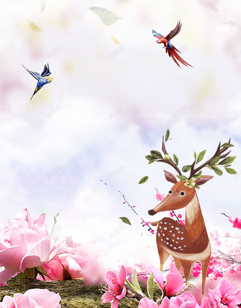 矢量插画花卉五月你好背景素材psd设计背景_新图网 https://ixintu.com 五月你好 五月 夏季 春季 促销 小清新 清新 花卉 鹿 插画 桃花 桃花节额鸟 粉红 简约 日系