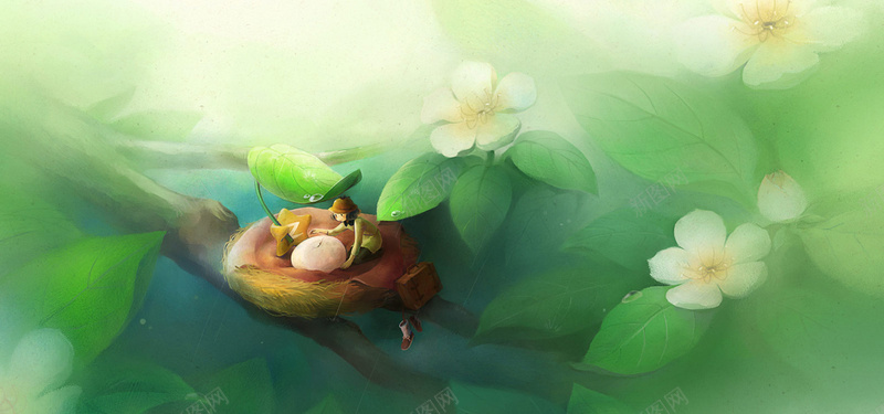 卡通背景jpg设计背景_新图网 https://ixintu.com 海报banner 卡通 叶子 少女 童趣 手绘