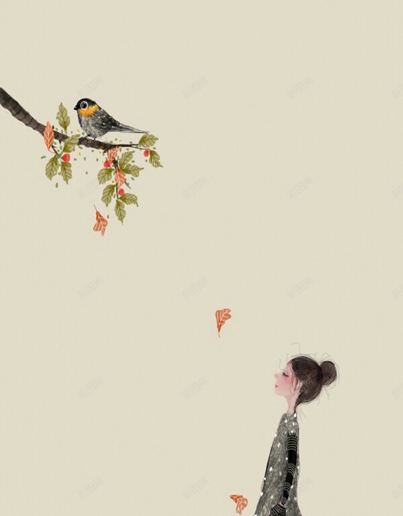 卡通H5背景素材jpg设计背景_新图网 https://ixintu.com 女孩 小鸟 树叶 树枝 树桩 卡通背景 卡通 童趣 手绘