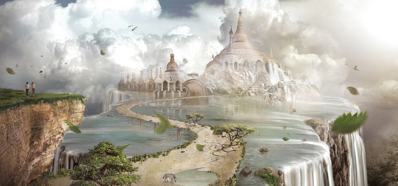 banner海报背景大图jpg设计背景_新图网 https://ixintu.com 城堡 树叶 瀑布 海报banner 卡通 童趣 手绘