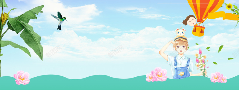 春天春游女生节花朵文艺蓝bannerpsd设计背景_新图网 https://ixintu.com 春天 春季 开春 绿色 文艺 小清新 简约 素材 广告 设计 背景 活力 踏春 女王节 白云 气球