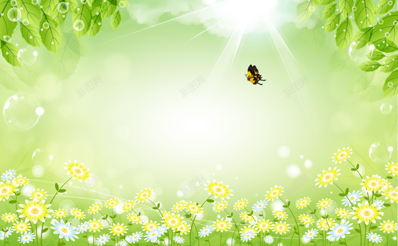 卡通绿色花草背景psd设计背景_新图网 https://ixintu.com 卡通 叶子 树叶 绿色 阳光 花朵 花草 泡泡 童趣 手绘