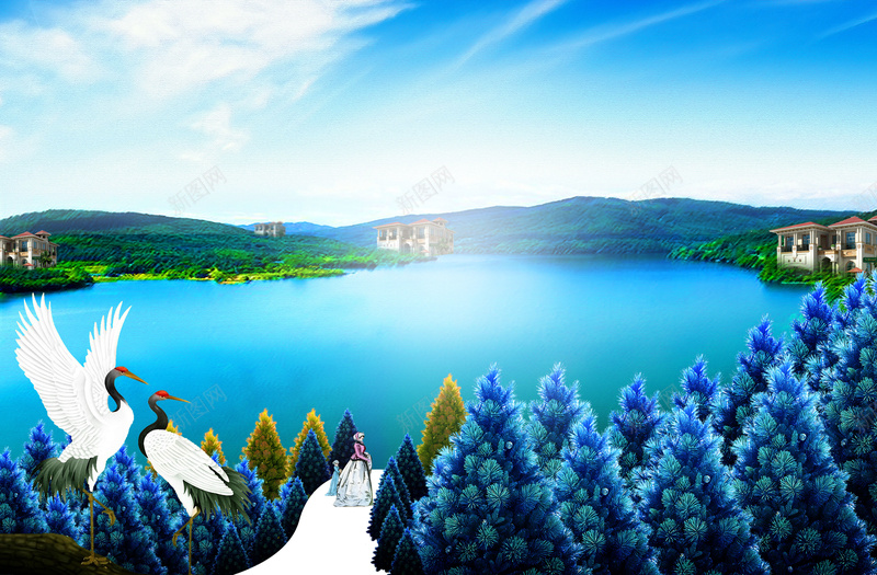 油画清新房产海报psd设计背景_新图网 https://ixintu.com 地产 山水 意境 油画 风格 海报 单页 湖光 风景 田园 手绘 印刷 配图 简约 明朗 大气 水彩