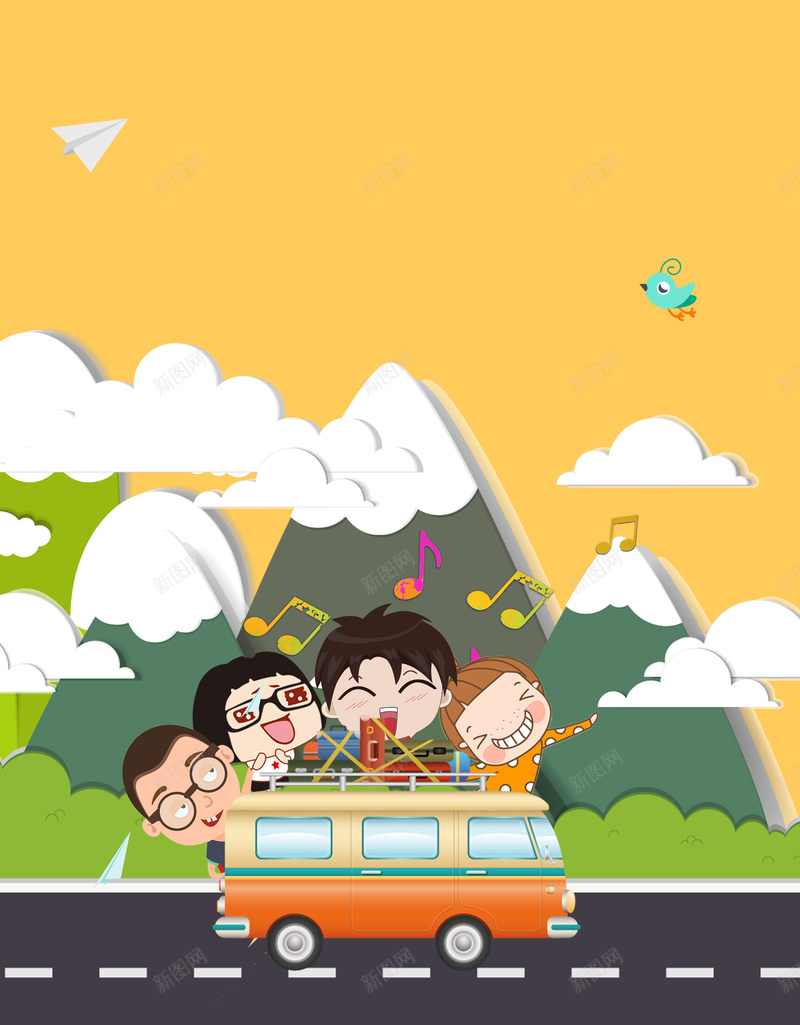 开车自驾游背景素材psd设计背景_新图网 https://ixintu.com 自驾游 汽车 卡通 海报 春游 背景 矢量 惬意