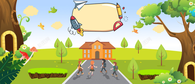 2018淘宝开学季促销psd设计背景_新图网 https://ixintu.com 毕业季 书包 学校 文具 树木 手绘 卡通 学生 培训班 补习班 小鸟 云朵