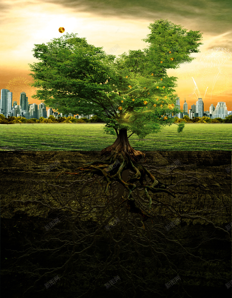 创意大树丰收背景jpg设计背景_新图网 https://ixintu.com 城市 大树 烟花 草地 金秋 喜庆 果实 树根