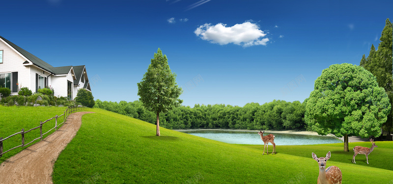 韩式自然风景背景jpg设计背景_新图网 https://ixintu.com 小清新背景 自然背景 风景背景 树木背景 草地背景 小路背景 建筑背景 云朵背景 独立屋背景 梅花鹿背景 海报banner 摄影 风景