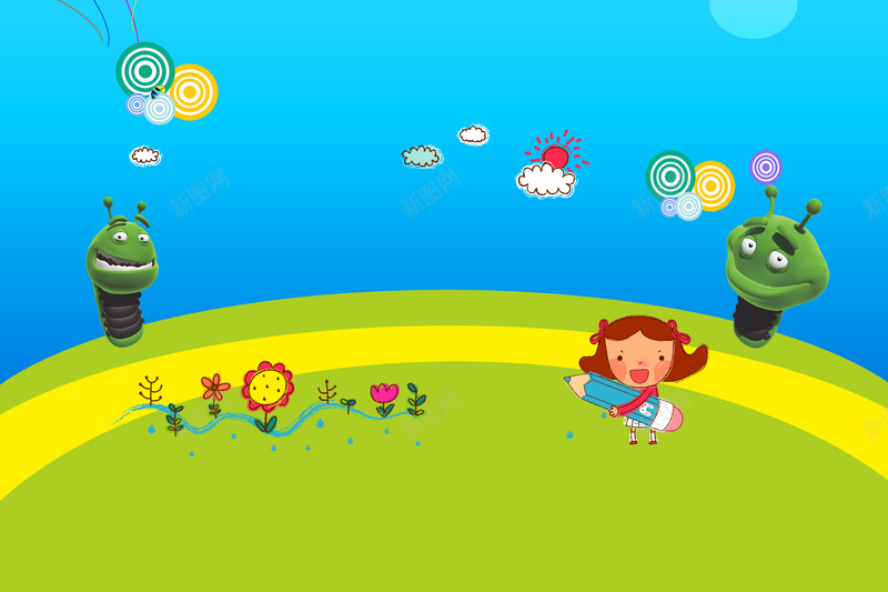 卡通幼儿园招生蓝色背景素材psd设计背景_新图网 https://ixintu.com 幼儿园 儿童 卡通 女孩 幼儿 涂鸦 绘画 背景 蓝色 草地 绿色 培训