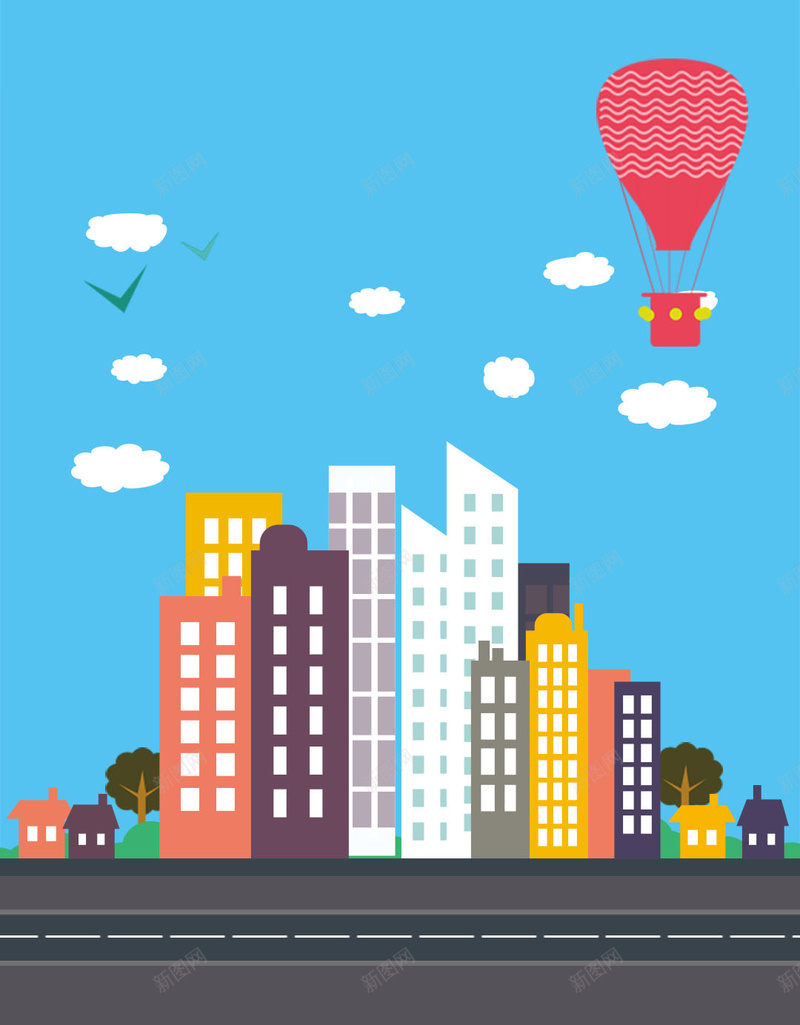 蓝色小清新卡通扁平建筑背景psd设计背景_新图网 https://ixintu.com 蓝色 小清新 卡通 扁平 建筑 云 热气球 马路 H5 h5 渐变 几何