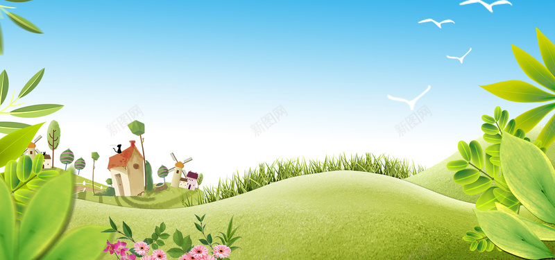 卡通儿童背景图psd设计背景_新图网 https://ixintu.com 儿童 卡通 叶子 植物 绿色 童趣 房子 海报banner 手绘
