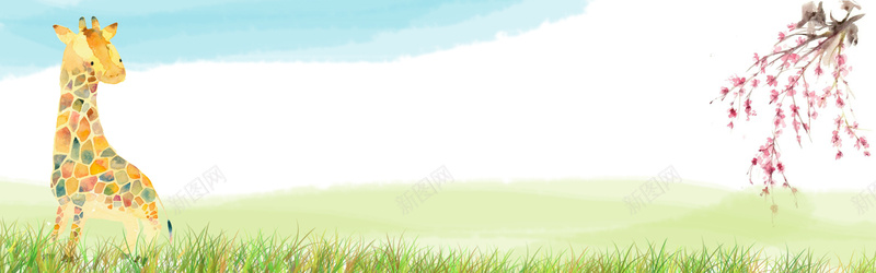 长颈鹿花枝草地蓝色卡通手绘水墨画背景背景
