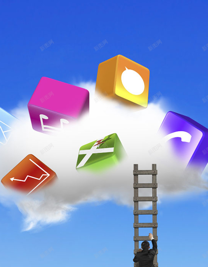 爬梯子的人H5背景jpg设计背景_新图网 https://ixintu.com 商务图标 云朵 商务 梯子 蓝色 科技 科幻