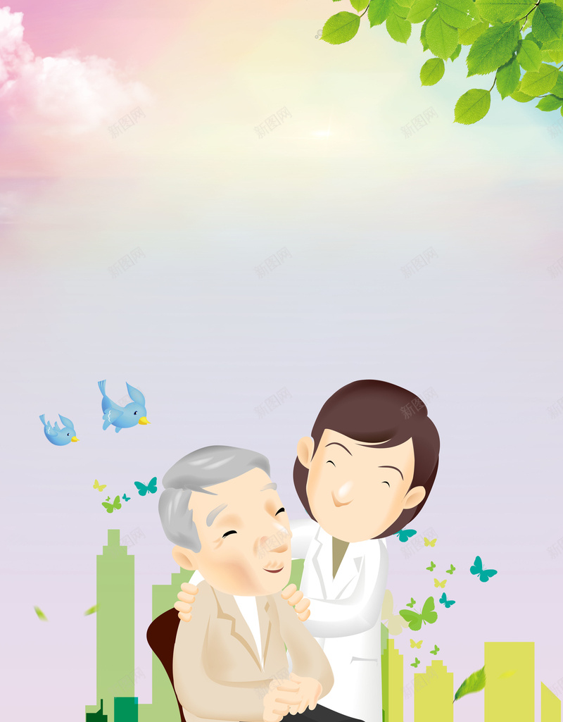 世界帕金森日公益海报psd设计背景_新图网 https://ixintu.com 扁平化城市 卡通人物 公益 医疗 树叶 世界帕金森日海报 关爱老人 预防疾病