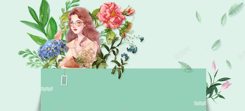 38妇女节简约手绘美女绿色bannerpsd设计背景_新图网 https://ixintu.com 38妇女节 妇女节 梦幻 浪漫 文艺 小清新 简约 素材 广告 设计 背景 手绘 几何 树叶 花朵
