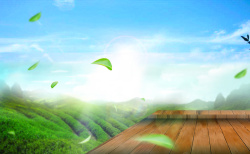 蓝天白云绿色茶园木板展台飘叶落叶背景素材背景