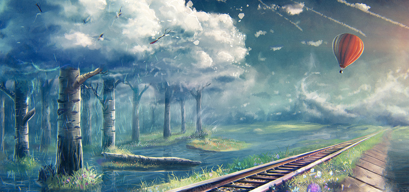 铁轨沿路的风景jpg设计背景_新图网 https://ixintu.com 铁轨 热气球 海报banner 卡通 童趣 手绘